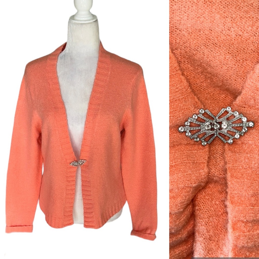 Vintage Coral Orange Cardigan w/ Rhinestone Broach Clasp - M